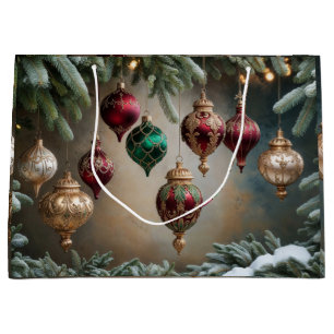 Vintage Christmas Handing Ornaments, Evergreen Large Gift Bag