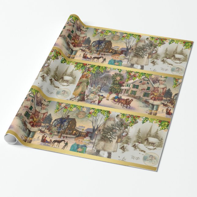 Vintage Christmas Hanukkah Holiday Winter Scene Wrapping Paper (Unrolled)