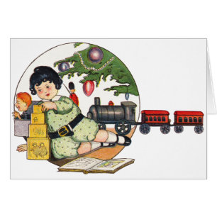 Vintage Christmas, Happy Boy Playing with Toys