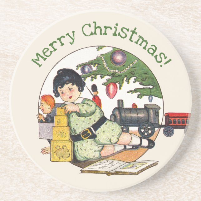Vintage Christmas, Happy Boy Playing with Toys Coaster (Front)
