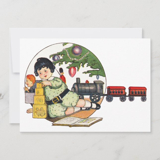 Vintage Christmas, Happy Boy Playing with Toys Invitation (Front)