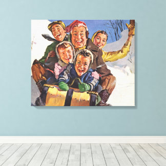 Vintage Christmas, Happy Family Toboggan Sledding Canvas Print