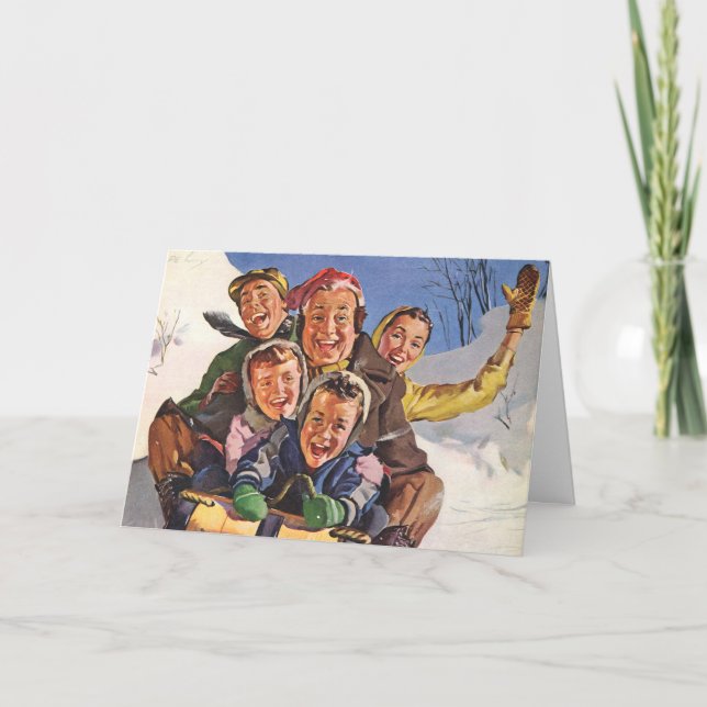 Vintage Christmas, Happy Family Toboggan Sledding Holiday Card (Front)