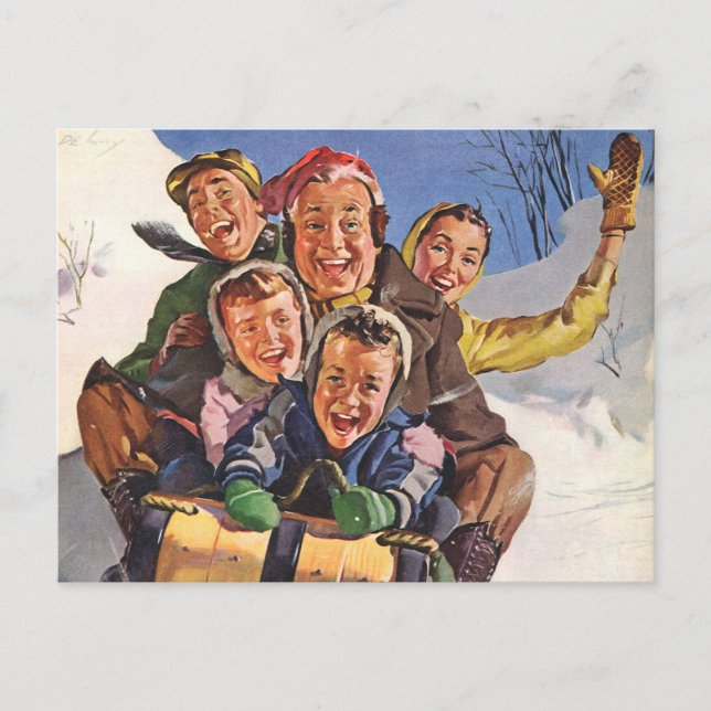 Vintage Christmas, Happy Family Toboggan Sledding Holiday Postcard (Front)