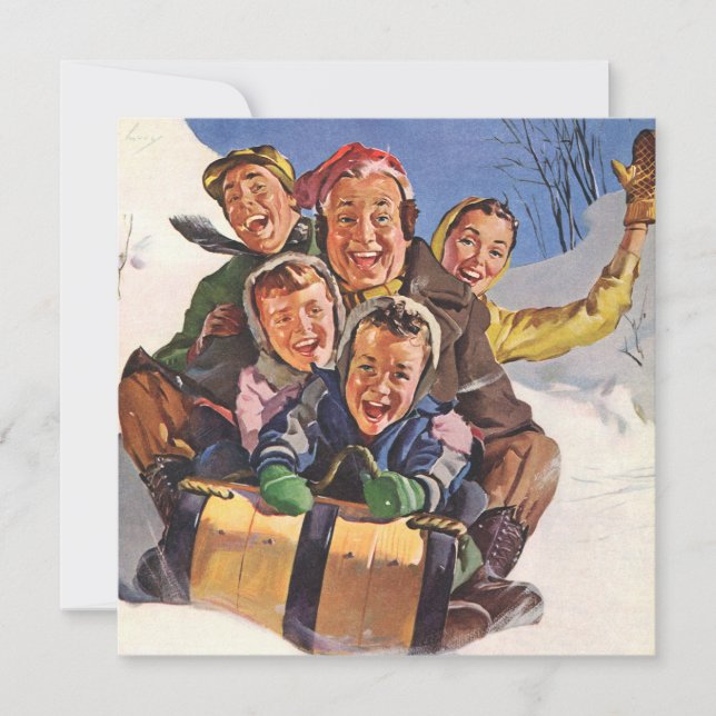 Vintage Christmas, Happy Family Toboggan Sledding Invitation (Front)
