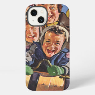 Vintage Christmas, Happy Family Toboggan Sledding iPhone 13 Case