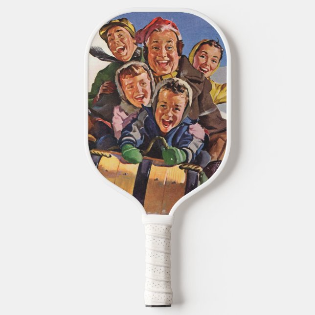 Vintage Christmas, Happy Family Toboggan Sledding Pickleball Paddle (Front)
