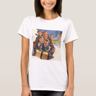 Vintage Christmas, Happy Family Toboggan Sledding T-Shirt