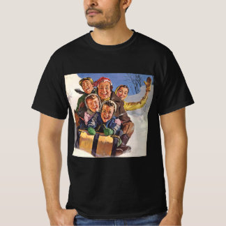 Vintage Christmas, Happy Family Toboggan Sledding T-Shirt