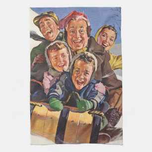 Vintage Christmas, Happy Family Toboggan Sledding Tea Towel