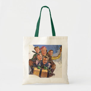 Vintage Christmas, Happy Family Toboggan Sledding Tote Bag