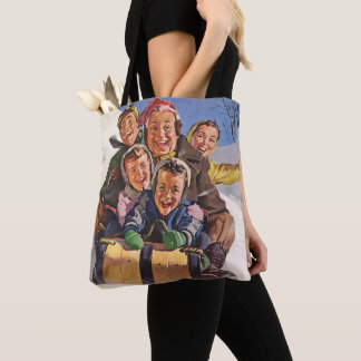 Vintage Christmas, Happy Family Toboggan Sledding Tote Bag