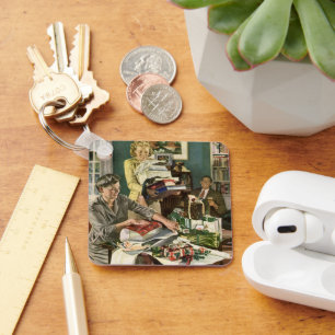 Vintage Christmas, Happy Family Wrapping Gifts Key Ring