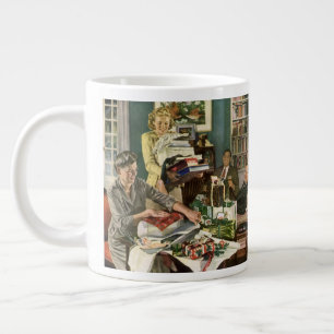 Vintage Christmas, Happy Family Wrapping Gifts Large Coffee Mug