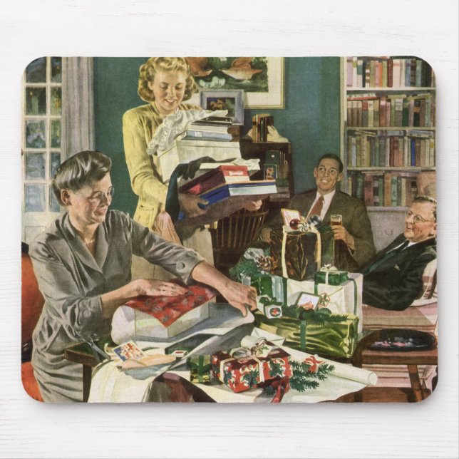 Vintage Christmas, Happy Family Wrapping Gifts Mouse Pad (Front)