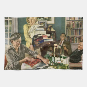 Vintage Christmas, Happy Family Wrapping Gifts Tea Towel