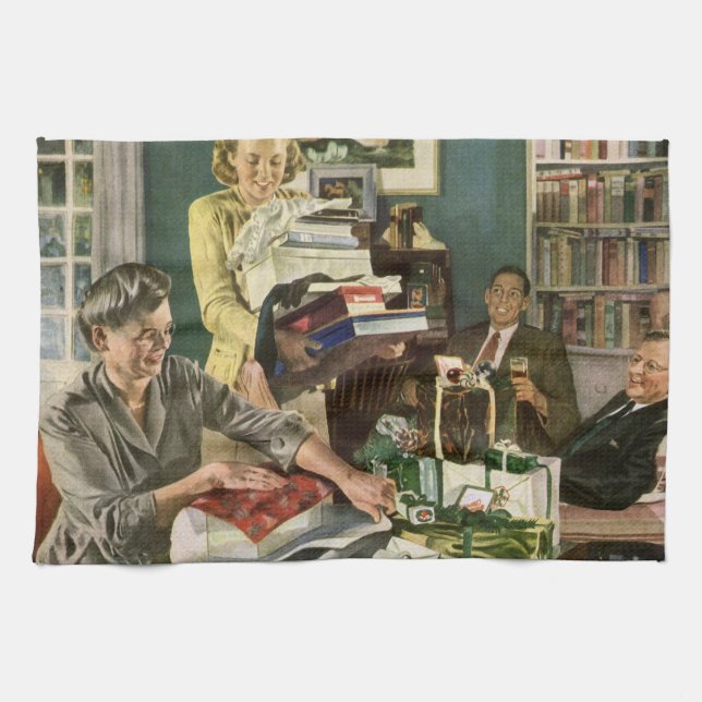Vintage Christmas, Happy Family Wrapping Gifts Tea Towel (Horizontal)