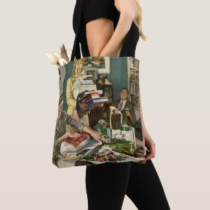 Vintage Christmas, Happy Family Wrapping Gifts Tote Bag