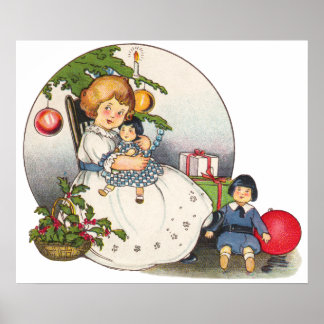 Vintage Christmas, Happy Girl Playing with Dolls Poster