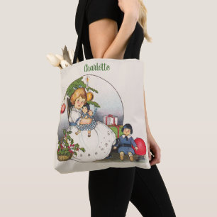 Vintage Christmas, Happy Girl Playing with Dolls Tote Bag