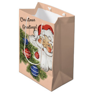 Vintage Christmas Hello! Jolly Santa Claus Medium Gift Bag