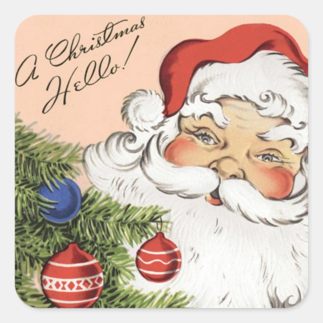 Vintage Christmas Hello! Jolly Santa Claus Square Sticker (Front)