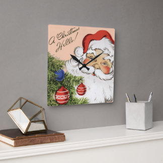 Vintage Christmas Hello! Jolly Santa Claus Square Wall Clock