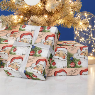 Vintage Christmas Hello! Jolly Santa Claus Wrapping Paper