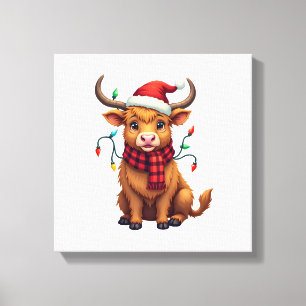 Vintage Christmas Highland Cow Cute Holiday Vector Canvas Print