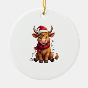 Vintage Christmas Highland Cow Cute Holiday Vector Ceramic Tree Decoration