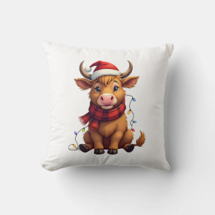 Vintage Christmas Highland Cow Cute Holiday Vector Cushion