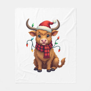 Vintage Christmas Highland Cow Cute Holiday Vector Fleece Blanket