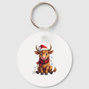 Vintage Christmas Highland Cow Cute Holiday Vector Key Ring