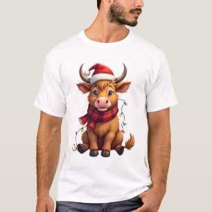 Vintage Christmas Highland Cow Cute Holiday Vector T-Shirt