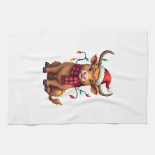 Vintage Christmas Highland Cow Cute Holiday Vector Tea Towel