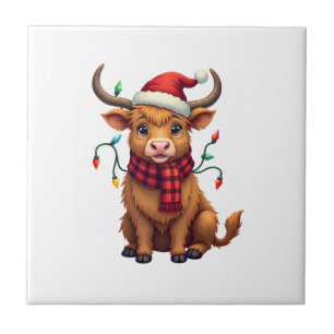 Vintage Christmas Highland Cow Cute Holiday Vector Tile
