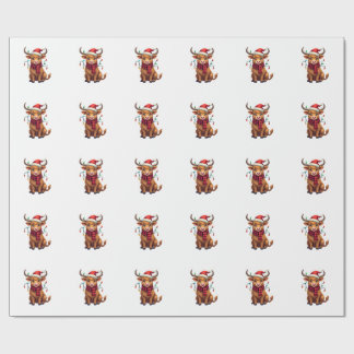 Vintage Christmas Highland Cow Cute Holiday Vector Wrapping Paper