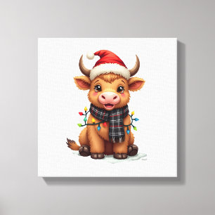 Vintage Christmas Highland Cow in Santa Hat and Bu Canvas Print