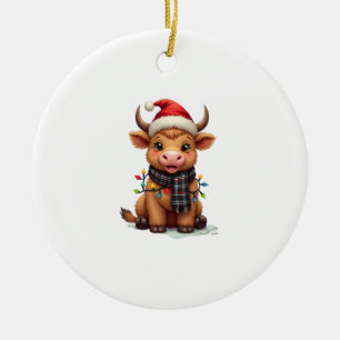 Vintage Christmas Highland Cow in Santa Hat and Bu Ceramic Tree Decoration