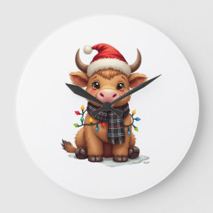 Vintage Christmas Highland Cow in Santa Hat and Bu Large Clock