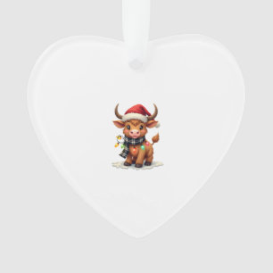 Vintage Christmas Highland Cow in Santa Hat and Bu Ornament