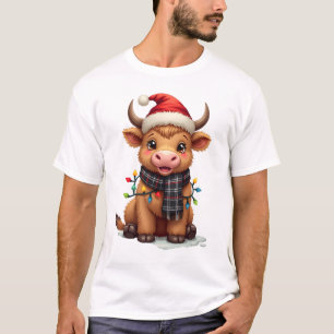 Vintage Christmas Highland Cow in Santa Hat and Bu T-Shirt