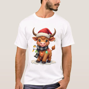 Vintage Christmas Highland Cow in Santa Hat and Bu T-Shirt