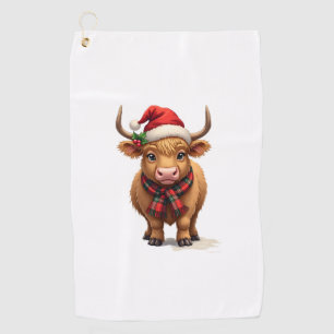 Vintage Christmas Highland Cow in Santa Hat and Pl Golf Towel