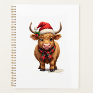 Vintage Christmas Highland Cow in Santa Hat and Pl Planner