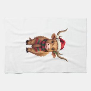 Vintage Christmas Highland Cow in Santa Hat and Pl Tea Towel