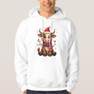 Vintage Christmas Highland Cow in Santa Hat Cute H Hoodie