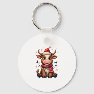 Vintage Christmas Highland Cow in Santa Hat Cute H Key Ring