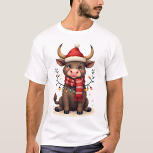 Vintage Christmas Highland Cow in Santa Hat Cute H T-Shirt