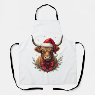 Vintage Christmas Highland Cow in Santa Hat Rustic Apron